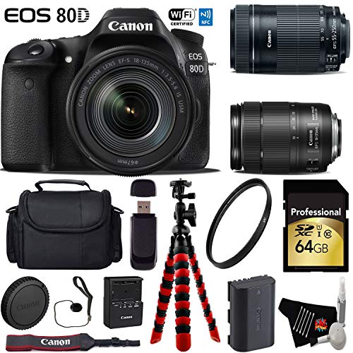 Canon EOS 80D DSLR Camera with 18-135mm is STM Lens & 55-250mm is STM Lens + Flexible Tripod + UV Protection Filter Ultimate Bundle