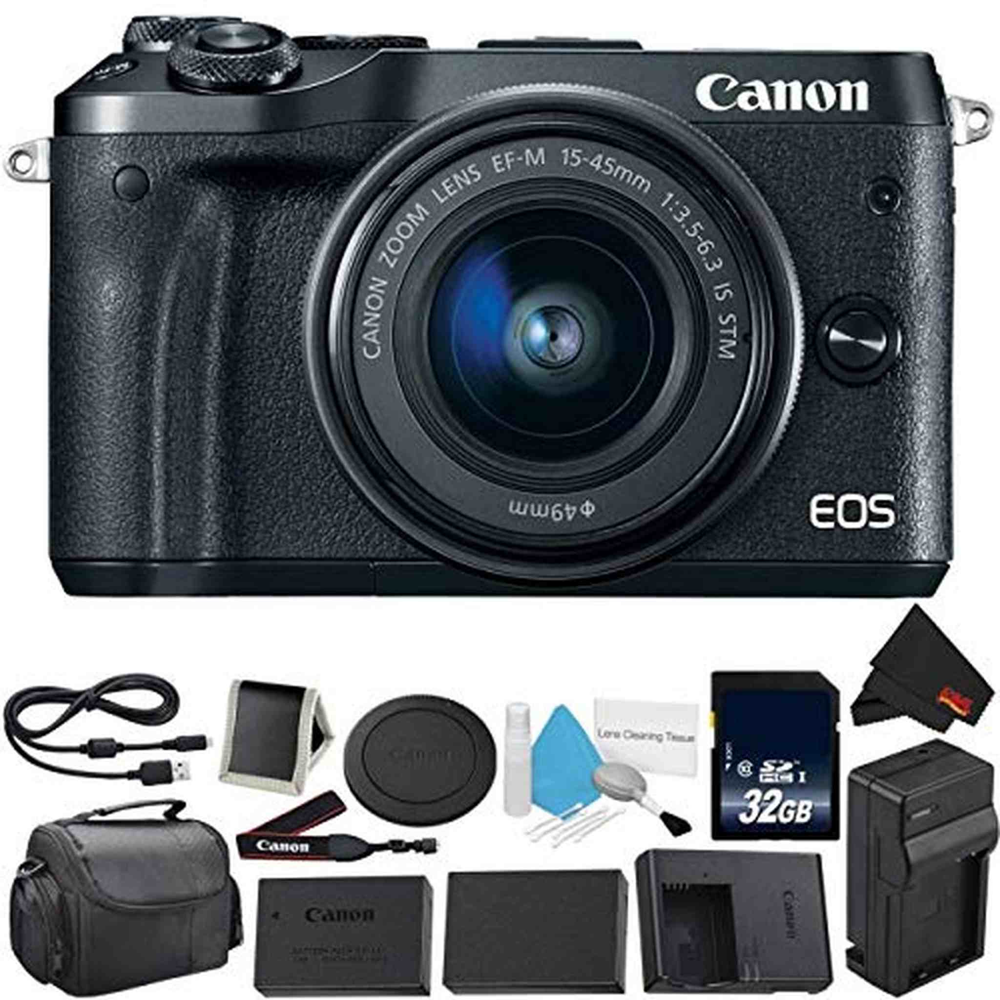 Canon EOS M6 Mirrorless Digital Camera with 15-45mm f/3.5-6.3 is STM Lens Kit- Bundle with 32GB Memory Card + Extra Batt Canon