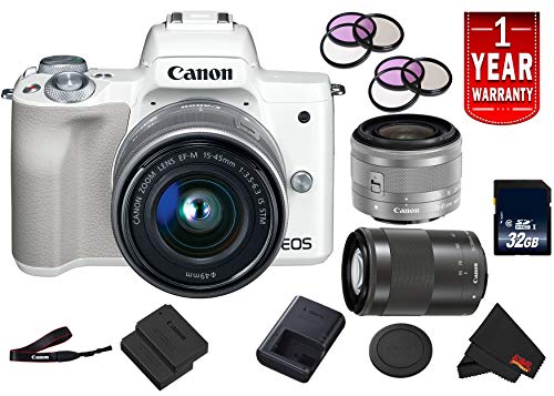 Canon EOS M50 Mirrorless Digital Camera International Model w/ 15-45mm is STM and 55-200mm is STM Lenses White