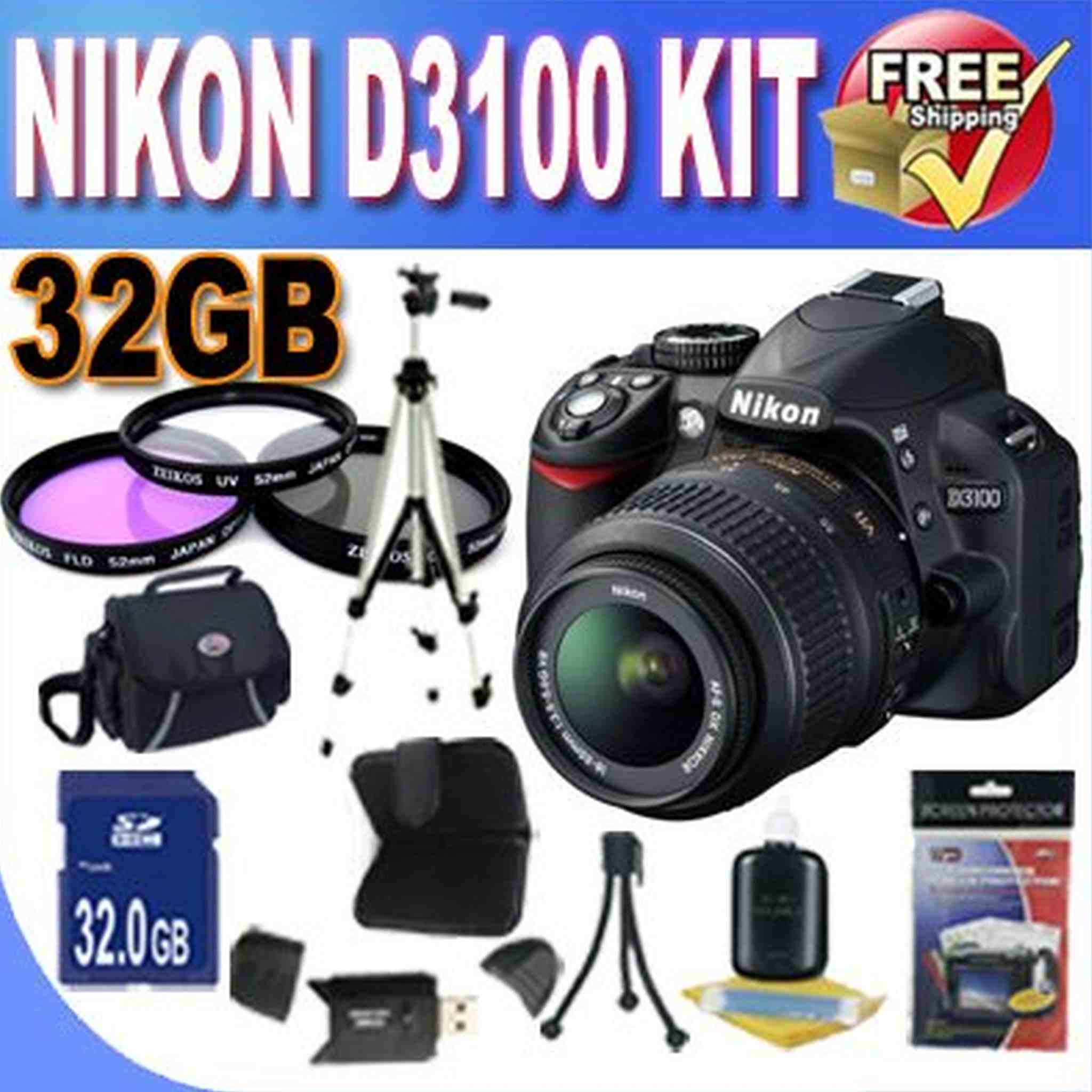 Nikon D3100 14.2MP Digital SLR Camera with 18-55mm f/3.5-5.6 AF-S DX VR Nikkor Zoom Lens 32GB Kit Nikon