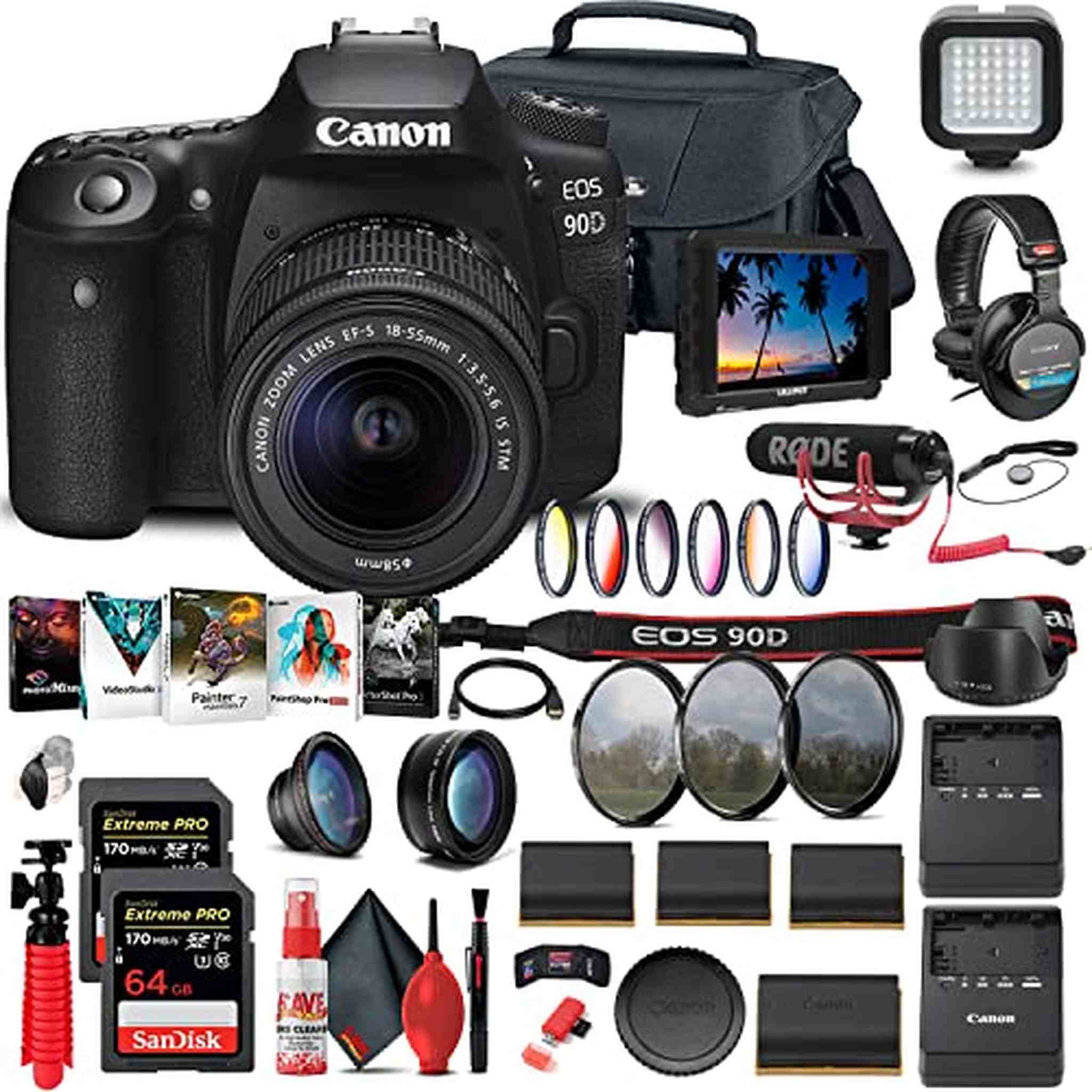 Canon EOS 90D DSLR Camera with 18-55mm Lens 3616C009 + 4K Monitor + Mic + More - Reconditioned Canon
