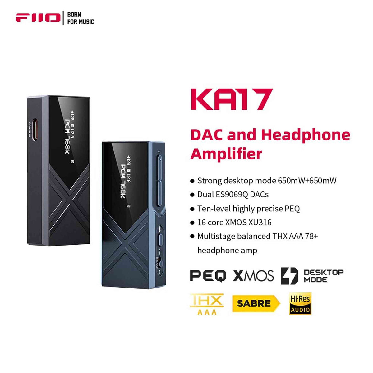 FiiO KA17 Portable USB DAC Audio HiFi Decoder, Dual ES9069Q PCM768 DSD512 3.5/4.4mm Output for Android iOS Mac Win10 Black