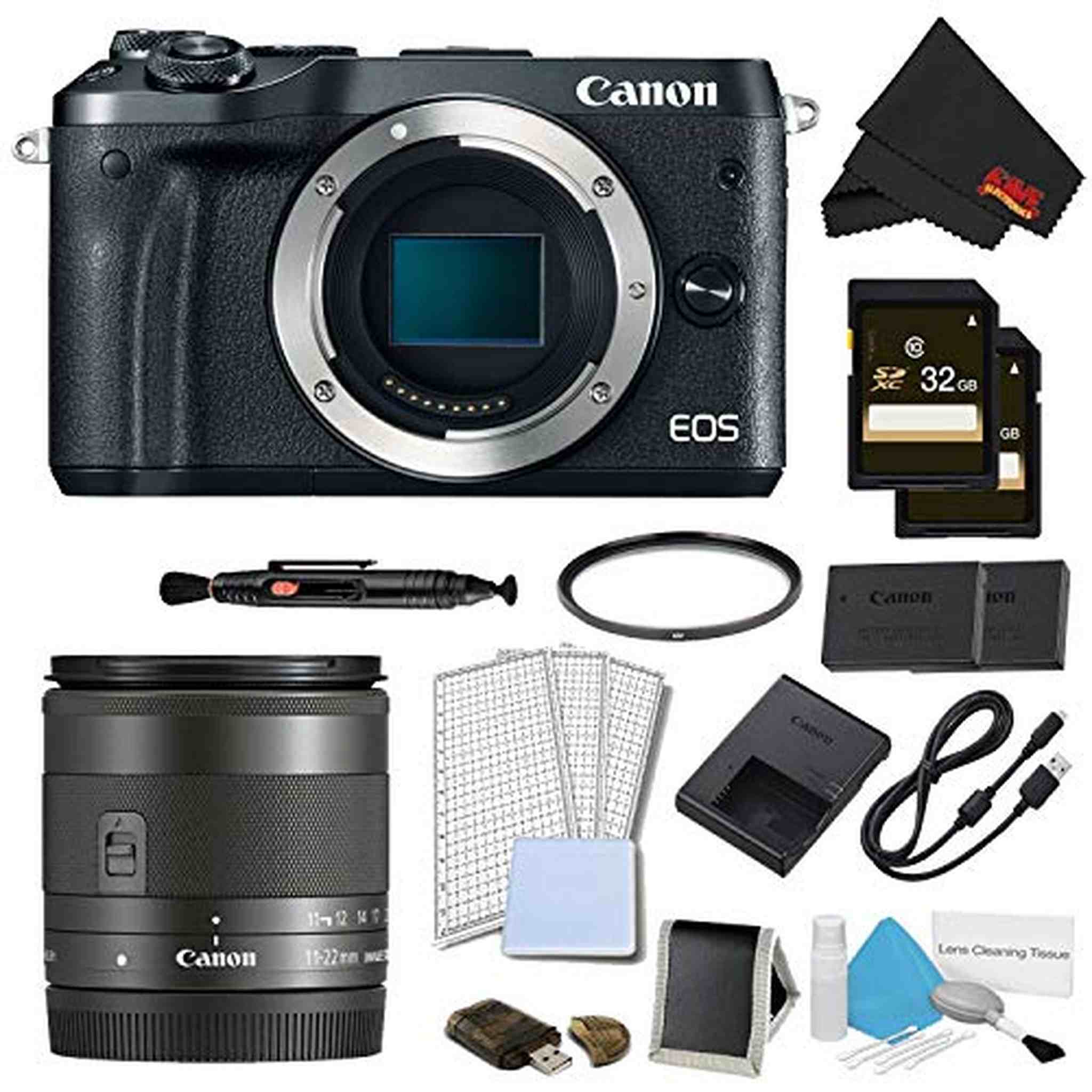 Canon EOS M6 Mirrorless Digital Camera Body Only Black Pro Bundle w/EF-M 11-22MM Lens - International Model