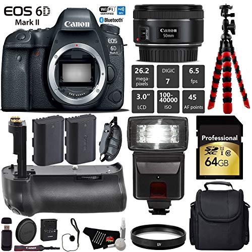 Canon EOS 6D Mark II DSLR Camera With 50mm f/1.8 STM Lens + Professional Battery Grip + UV Protection Filter + Flash Pro Bundle