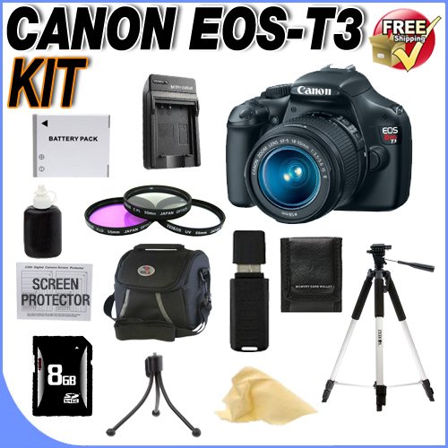 Canon EOS Rebel T3 12.2 MP CMOS Digital SLR with 18-55mm IS II Lens (Black) W/8GB SDHC Memory +Extra LPE10 Battery +3 Piece 58mm Filter Kit + Deluxe Case w/Strap + Full Size Tripod + USB Card Reader +