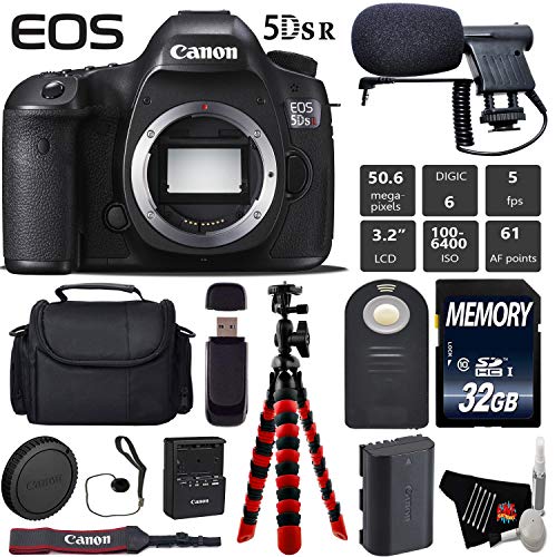 Canon EOS 5DS R DSLR Camera (Body Only) + Wireless Remote + Condenser Microphone + Case + Wrist Strap + Tripod Starter Bundle