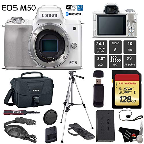 Canon EOS M50 Mirrorless Digital Camera White, Body Only + 128GB Class 10 Memory Card + Canon Camera Case + Full Size