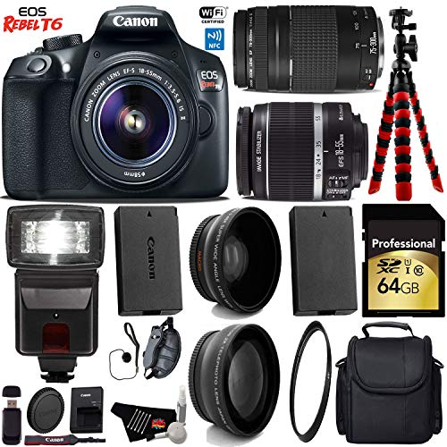 Canon EOS Rebel T6 DSLR Camera 18-55mm is II Lens & 75-300mm III Lens + Flash + UV FLD CPL Filter Kit Pro Bundle