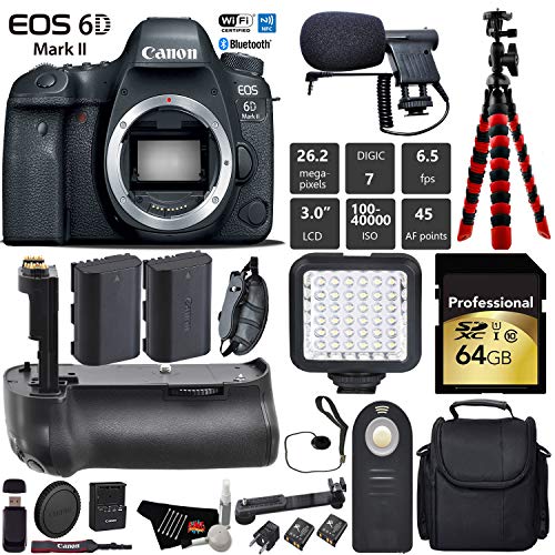 Canon EOS 6D Mark II DSLR Camera (Body Only) + Professional Battery Grip + Condenser Microphone + LED Kit + Extra Battery Pro Bundle