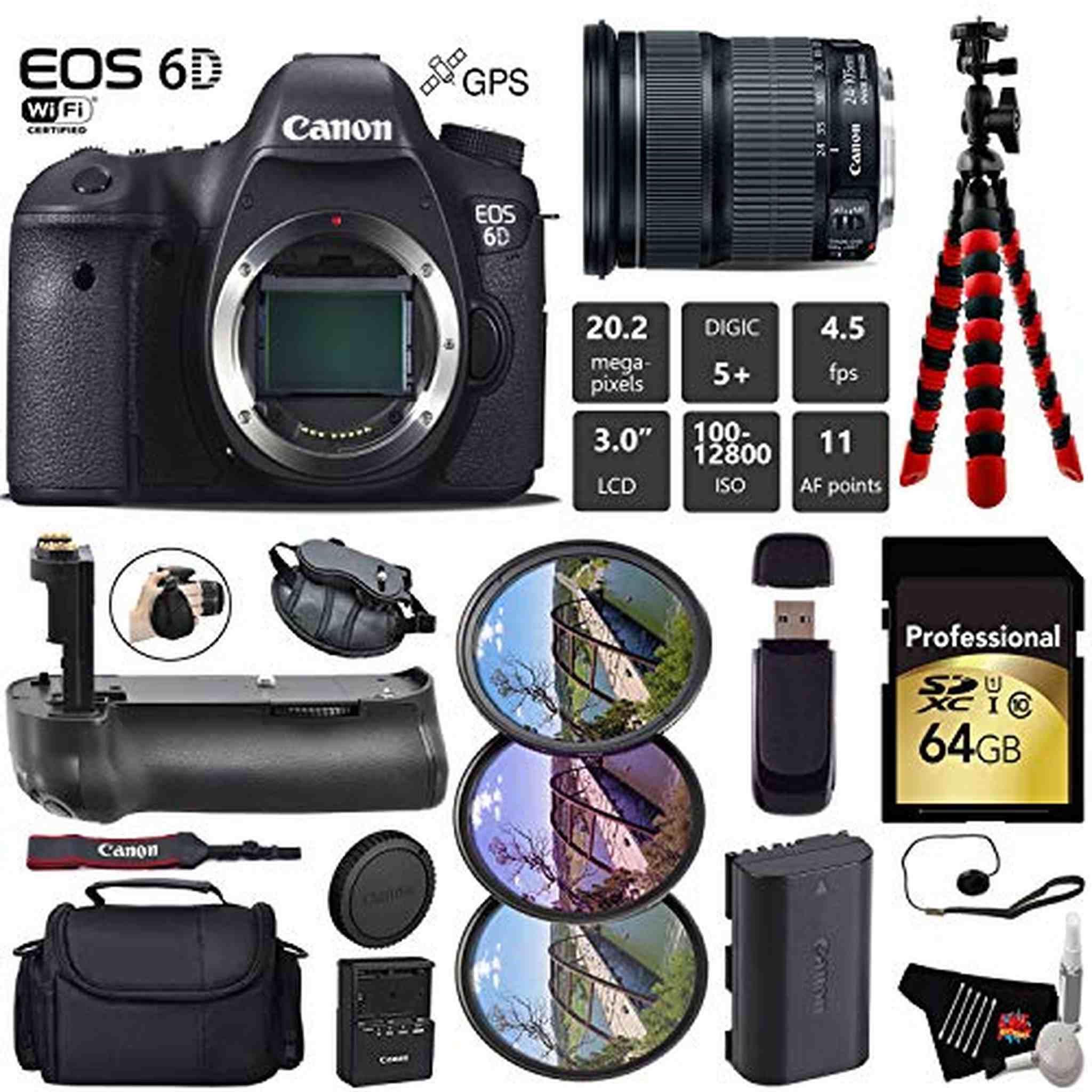 Canon EOS 6D DSLR Camera with 24-105mm is STM Lens + Professional Battery Grip + UV FLD CPL Filter Kit + Case + Wrist St Canon