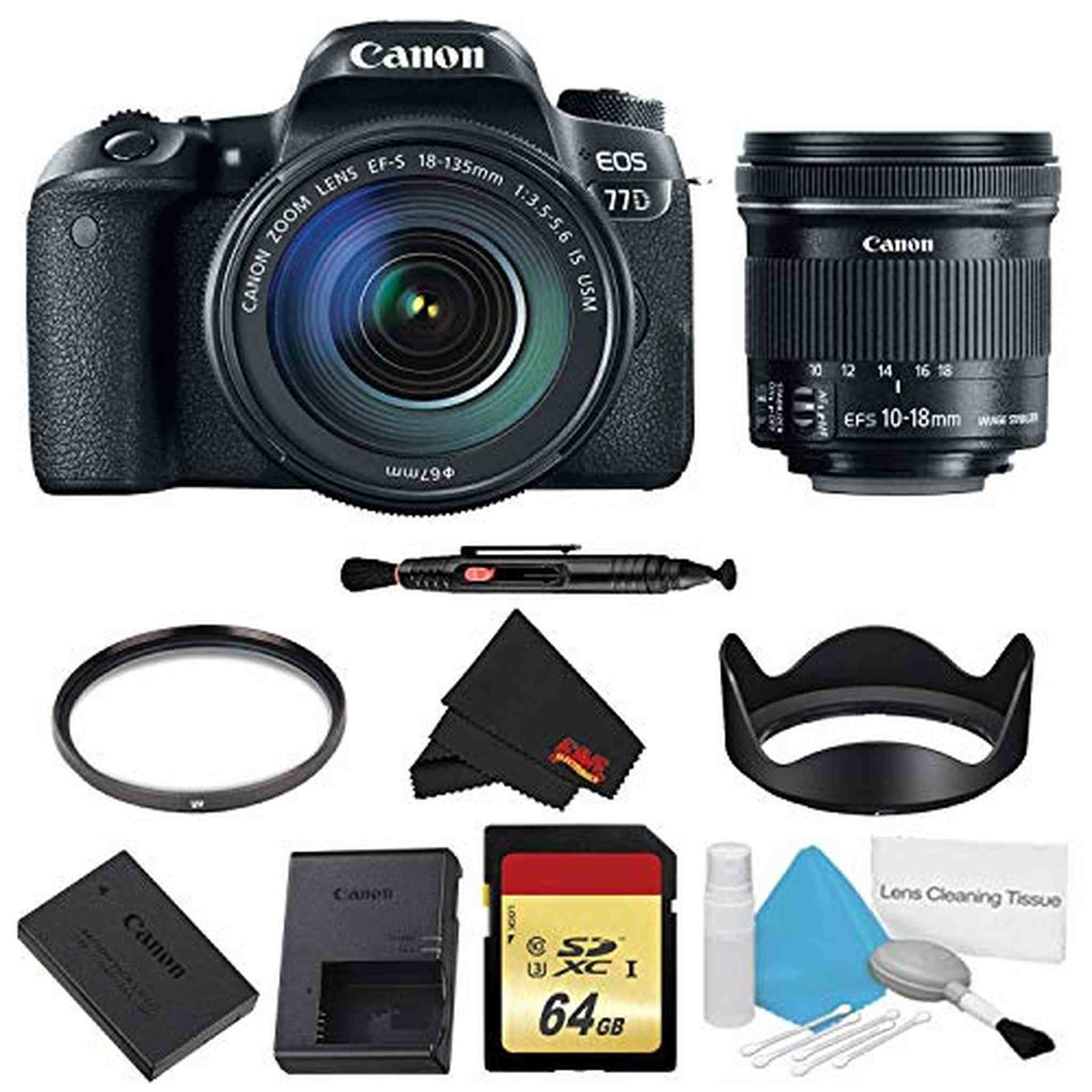 Canon EOS 77D DSLR Camera with 18-135mm Lens Bundle w/Memory Kit + Bonus 10-18mm Lens International Model Canon