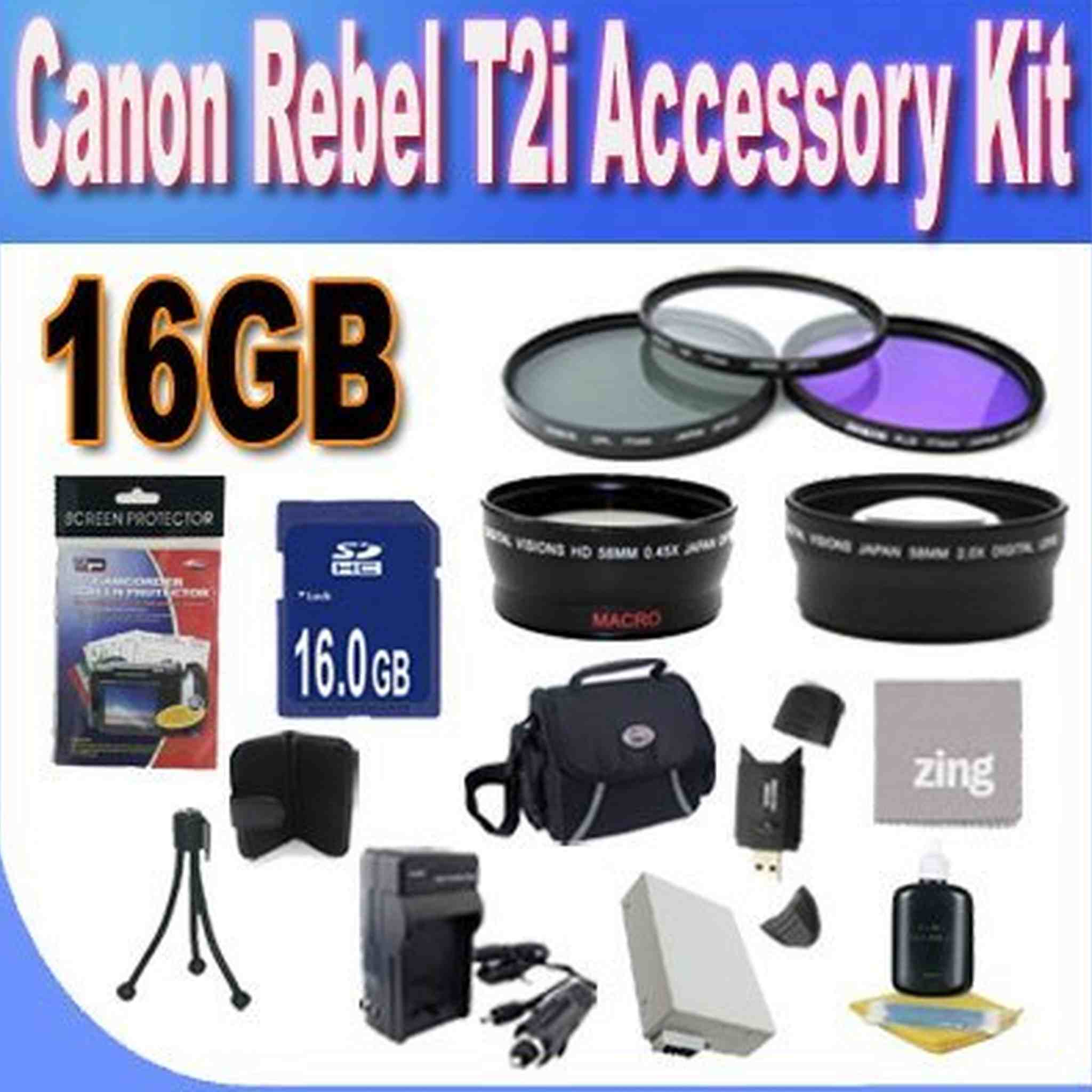 Canon T2I Accessory Saver Kit 58mm Wide Angle Lens + 58mm 2X Telephoto Lens + 58mm 3 Piece Filter Kit + 16GB SDHC Memory + Accessory Saver Bundle!