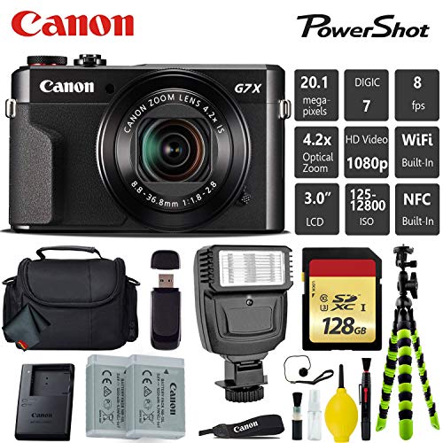 Canon PowerShot G7 X Mark II Point and Shoot Digital Camera + Extra Battery + Digital Flash + Camera Case + 128GB Card Advanced Bundle