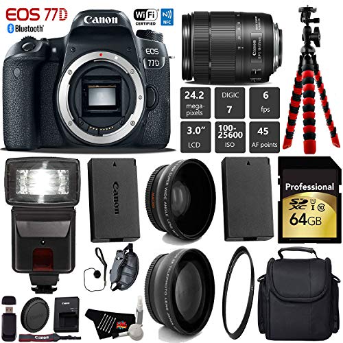 Canon EOS 77D DSLR Camera with 18-135mm is STM Lens + Flash + UV FLD CPL Filter Kit + Wide Angle & Telephoto Lens + Came