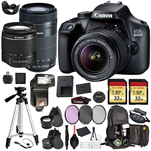 Canon EOS Rebel 4000d Digital SLR Camera with EF-S 18-55mm + EF-S 55-250mm STM (Black) Pro Accessory Bundle Package Deal