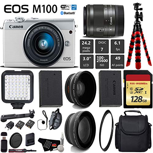 Canon EOS M100 Mirrorless Digital Camera White with 15-45mm Lens Extreme Mountain Bundle