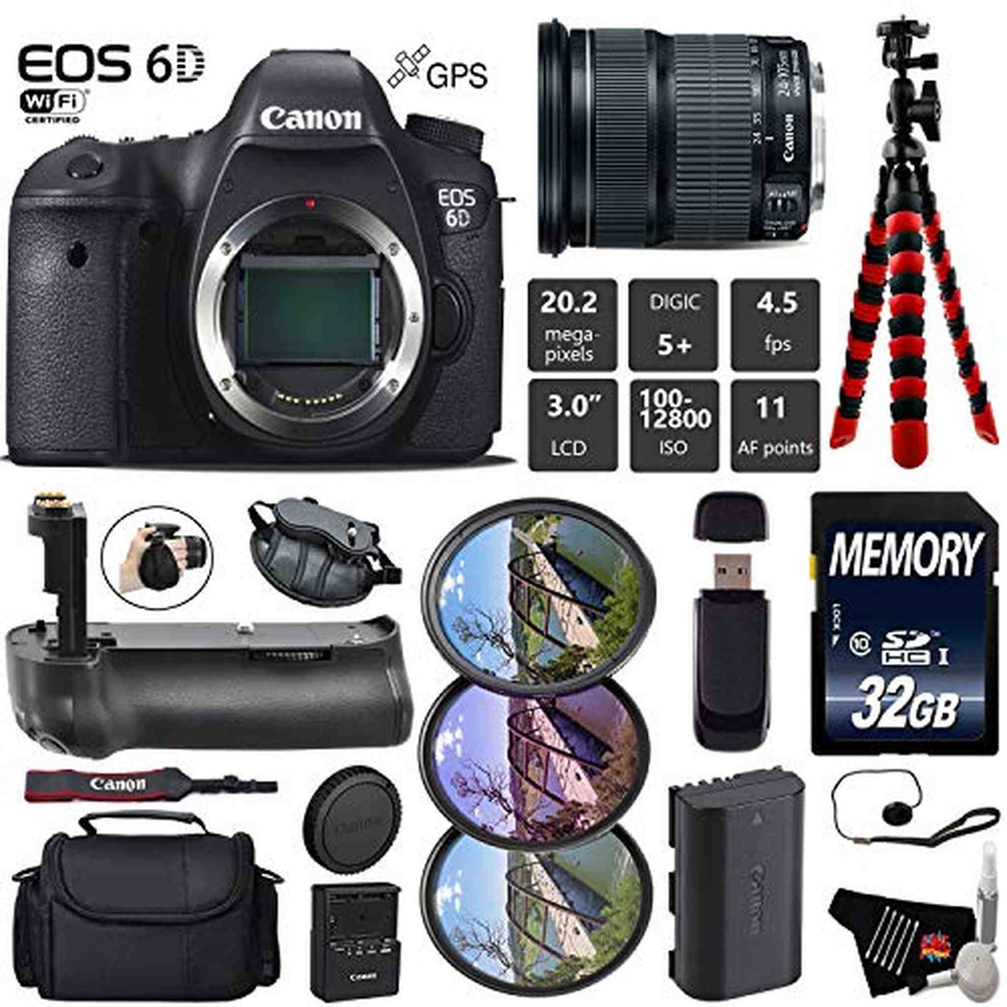 Canon EOS 6D DSLR Camera with 24-105mm is STM Lens + Professional Battery Grip + UV FLD CPL Filter Kit + Case + Wrist St Canon