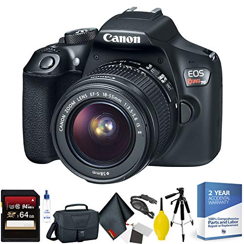 Canon EOS Rebel T6 DSLR Camera with 18-55mm Lens + 64GB Memory Card + Mega Accessory Kit + 2 Year Accidental Warranty Bundle
