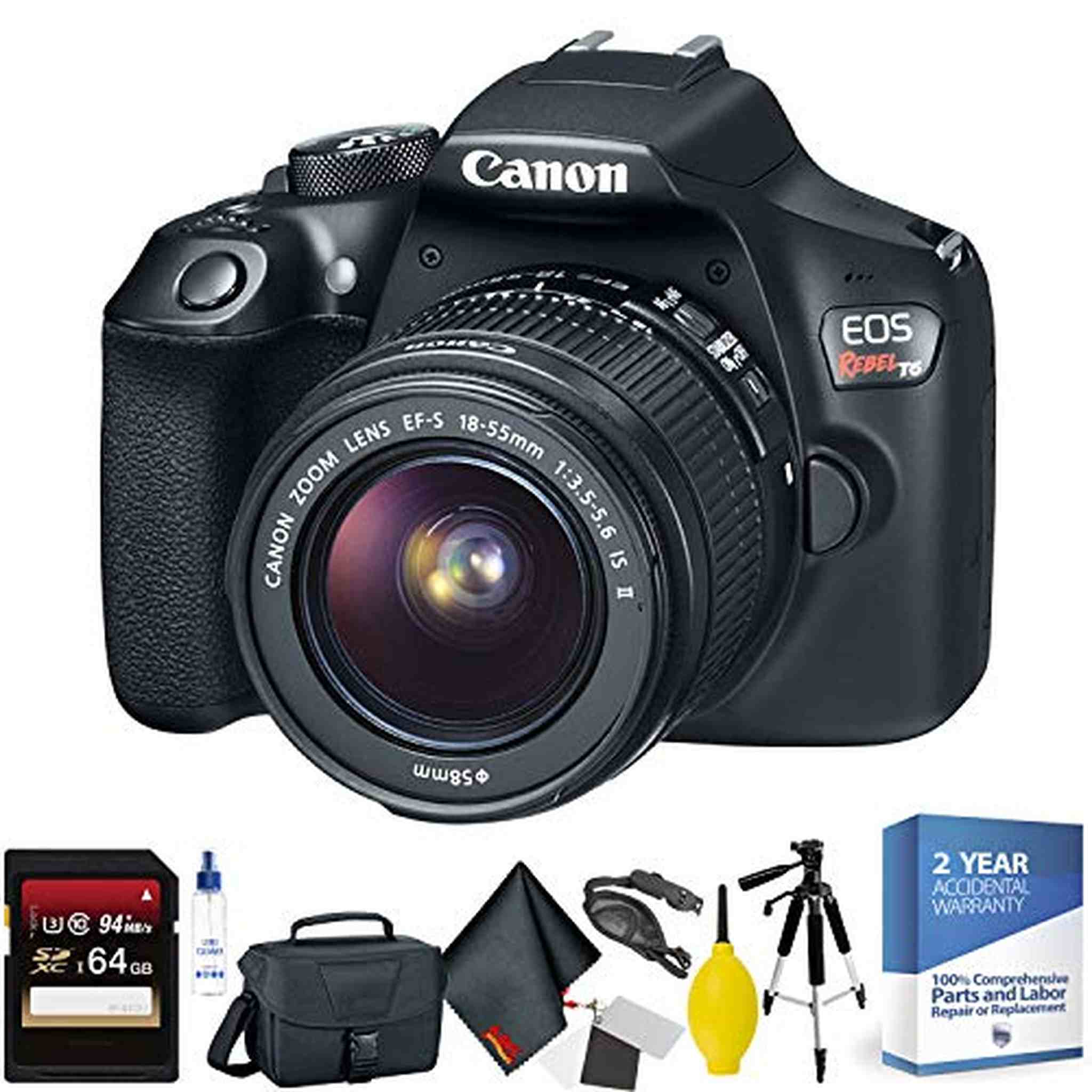 Canon EOS Rebel T6 DSLR Camera with 18-55mm Lens + 64GB Memory Card + Mega Accessory Kit + Deluxe Accessories Bundle - Used Canon