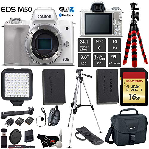 Canon EOS M50 Mirrorless Digital Camera White, Body Only + 16GB Class 10 Memory Card + LED + Canon Camera Case + Flexi