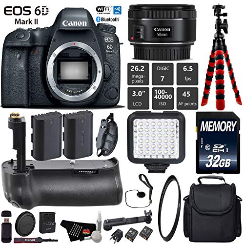 Canon EOS 6D Mark II DSLR Camera With 50mm 1.8 STM Lens + Professional Battery Grip + UV Protection Filter + LED Kit Starter Bundle