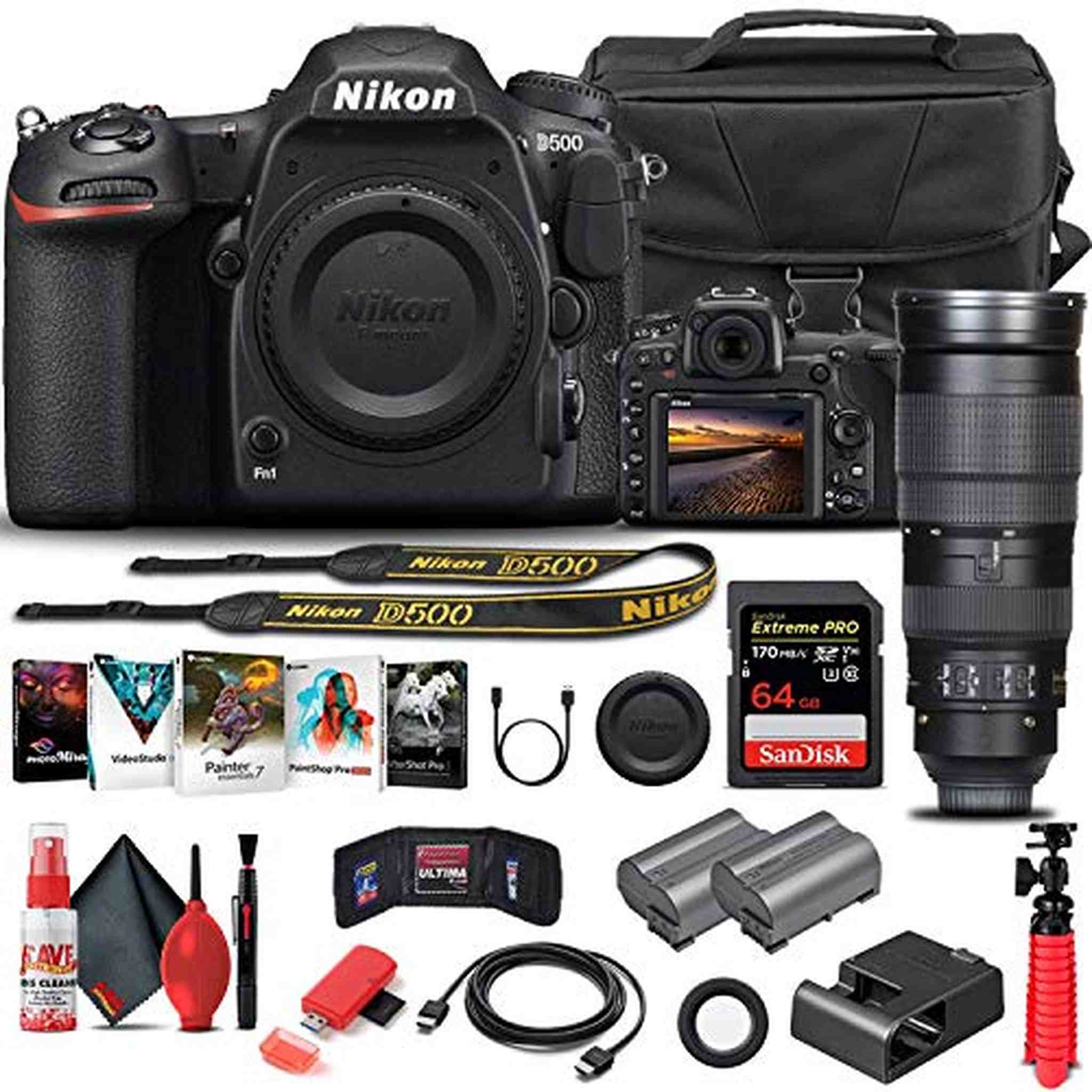 Nikon D500 DSLR Camera Body Only 1559 W/ Nikon 200-500mm Lens - Basic Bundle - Reconditioned Nikon