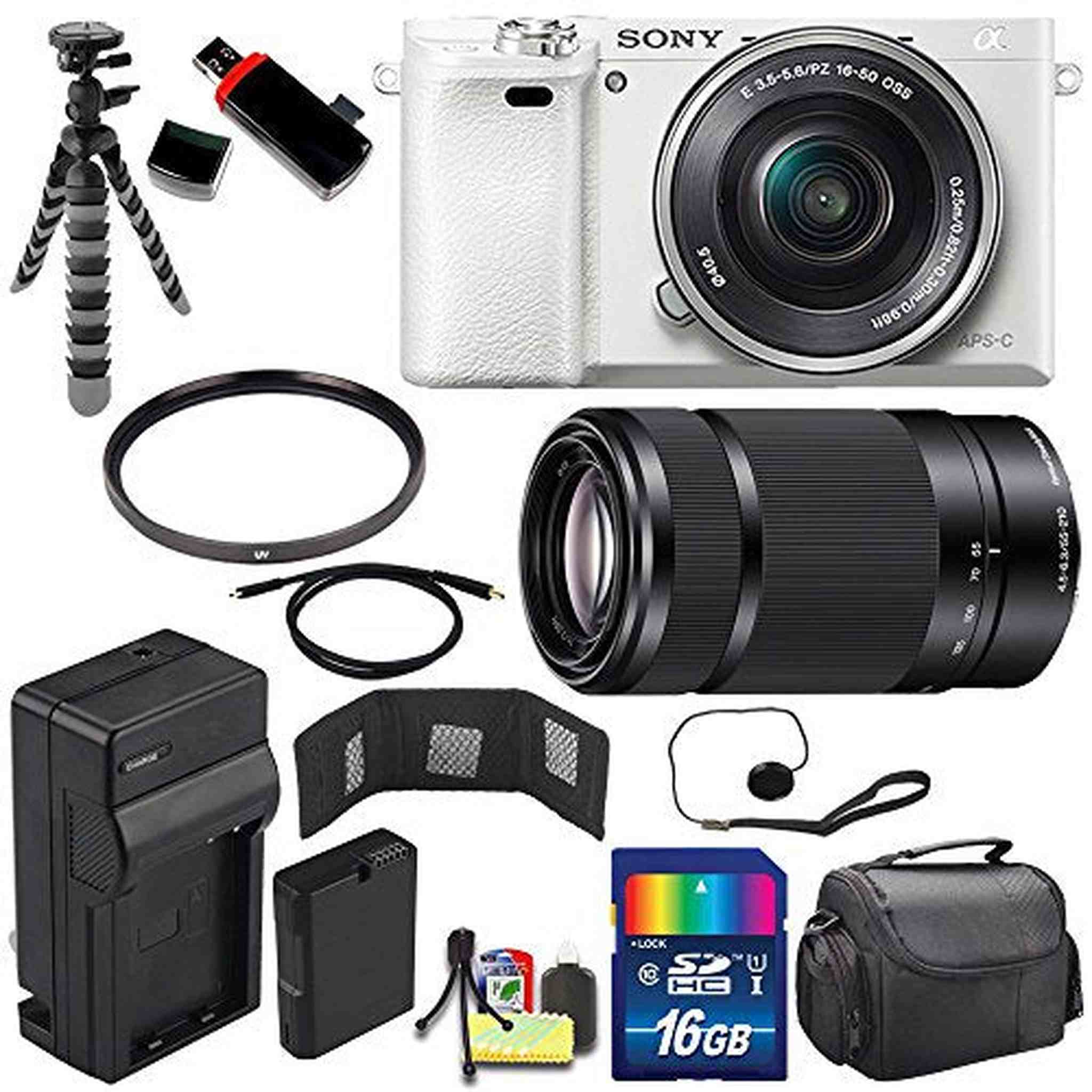 Sony Alpha a6000 Mirrorless Digital Camera with 16-50mm Lens White + Sony E 55-210mm f/4.5-6.3 OSS E-Mount Lens 16GB B - Used Sony