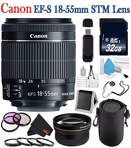 Canon EF-S 18-55mm f/3.5-5.6 IS STM Lens 8114B002 + 58mm 3 Piece Filter Kit + Deluxe Lens Pouch + 58mm 2x Telephoto Lens Bundle