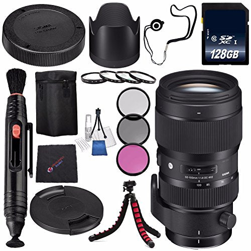 Sigma 50-100mm f/1.8 DC HSM Art Lens for Canon EF #693954 + 82mm 3 Piece Filter Kit + 128GB SDXC Memory Card + Lens Pen Cleaner + Cloth + Flexible Tripod Bundle (International Model No Warranty)