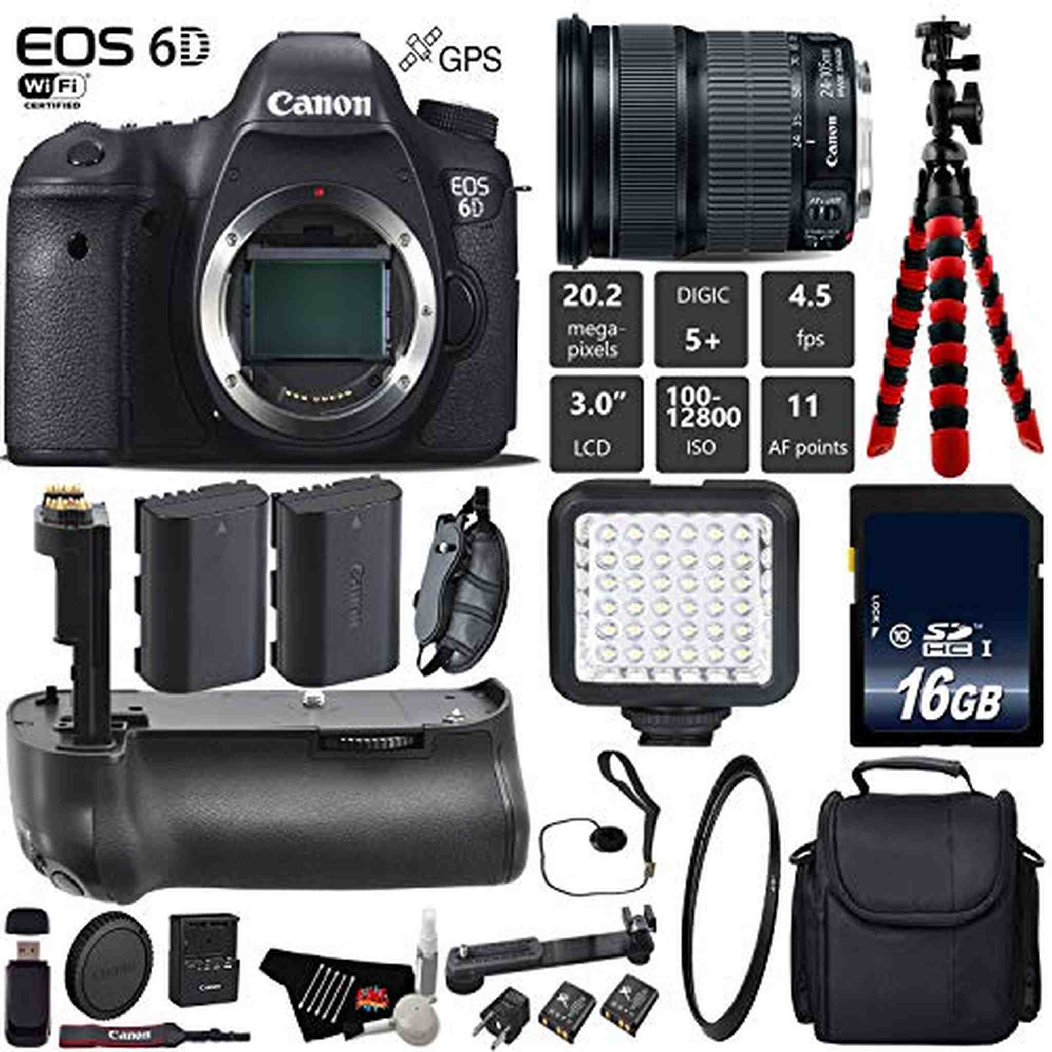 Canon EOS 6D DSLR Camera with 24-105mm is STM Lens + Professional Battery Grip + UV Protection Filter + LED Kit + Extra Canon