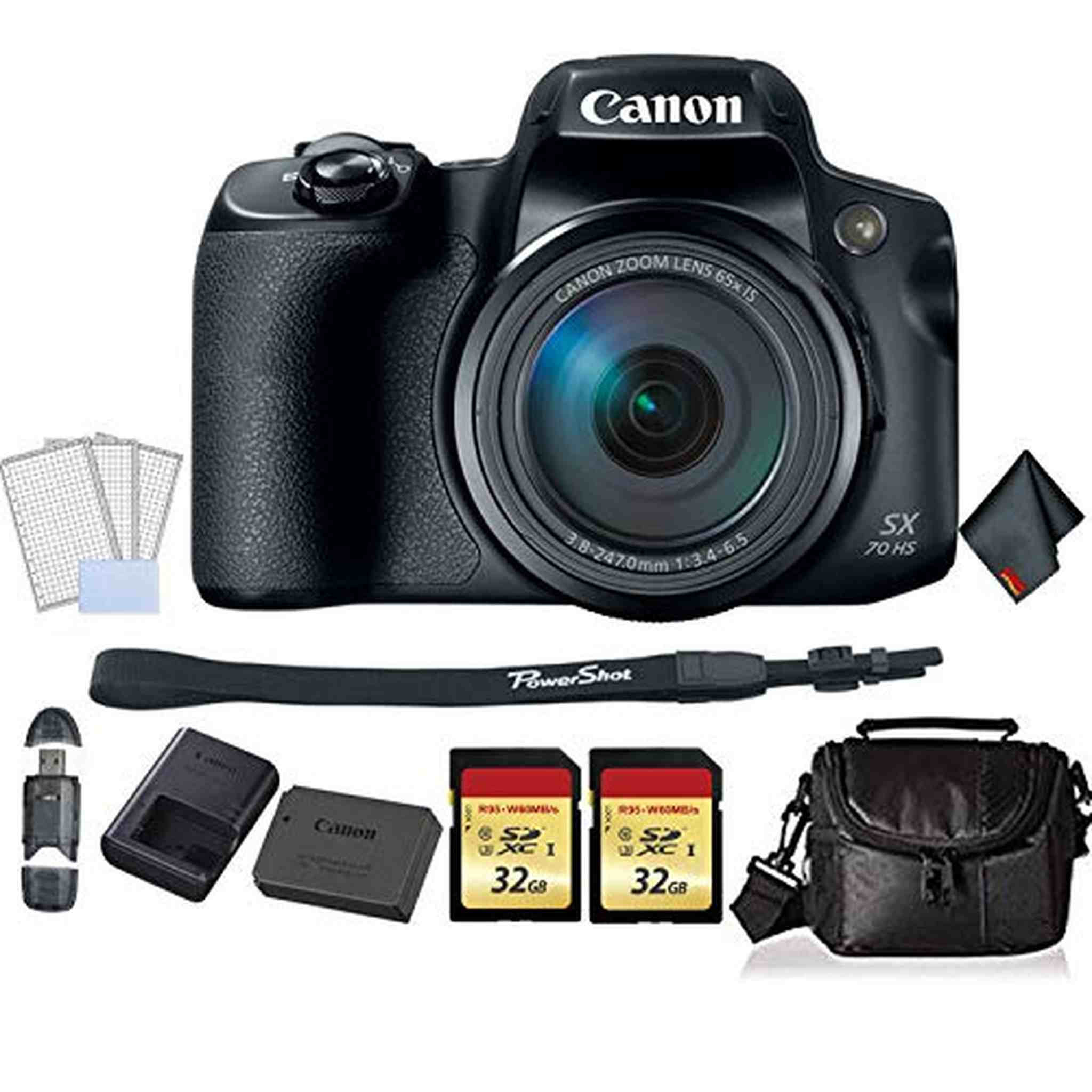 Canon PowerShot SX70 HS Digital Camera Bundle with 2X 32GB Memory Cards + SD Card USB Reader + LCD Screen Protectors and