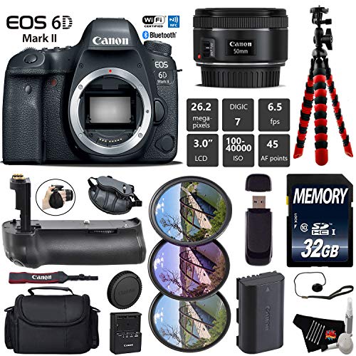 Canon EOS 6D Mark II DSLR Camera with 50mm f/1.8 STM Lens + Professional Battery Grip + UV FLD CPL Filter Kit + Case Starter Bundle