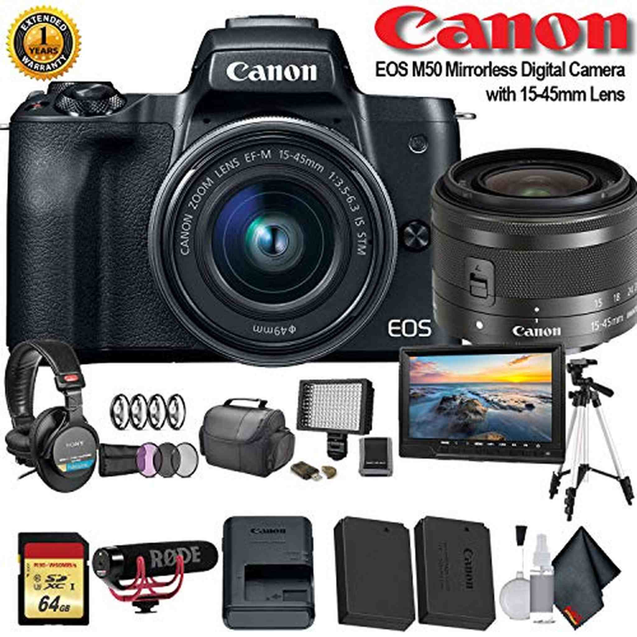 Canon EOS M50 Mirrorless Digital Camera with 15-45mm Lens International Model 2680C011 W/Bag, Extra Battery, LED Lig Canon