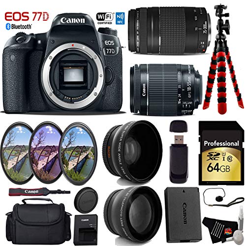 Canon EOS 77D DSLR Camera with 18-55mm is STM Lens & 75-300mm III Lens + UV FLD CPL Filter Kit + Wide Angle & Telephoto