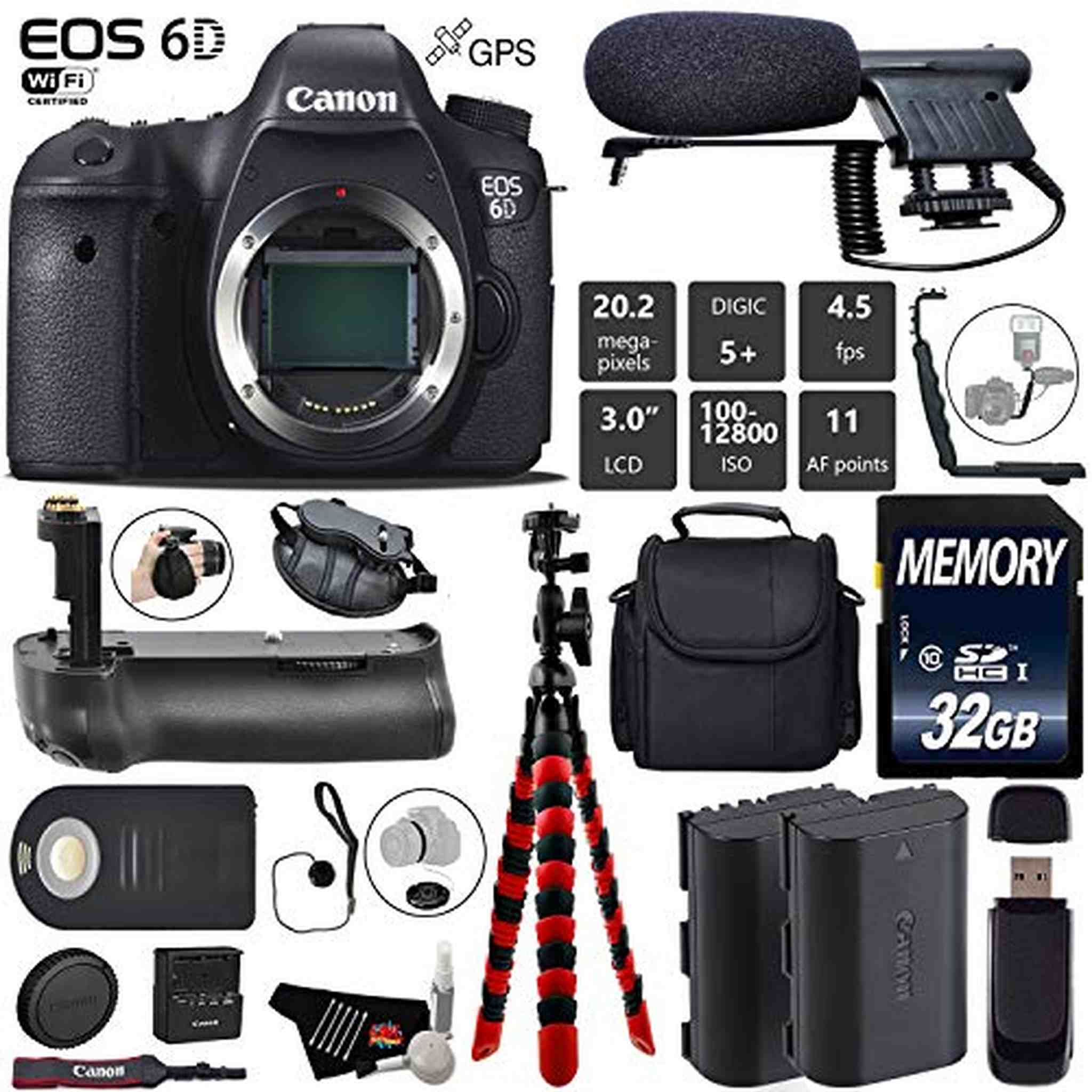 Canon EOS 6D DSLR Camera Body Only + Professional Battery Grip + Condenser Microphone + Extra Battery + Case + Wrist S Canon