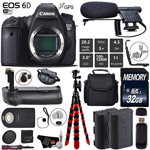 Canon EOS 6D DSLR Camera Body Only + Professional Battery Grip + Condenser Microphone + Extra Battery + Case + Wrist S