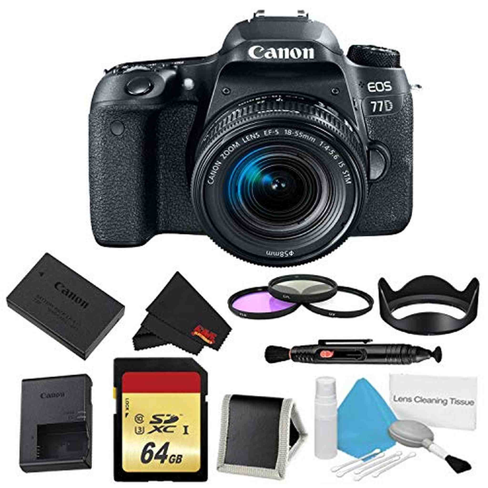 Canon EOS 77D DSLR Camera 18-55mm Lens Bundle w/ 3 Piece Filter & Memory Kit International Model Canon