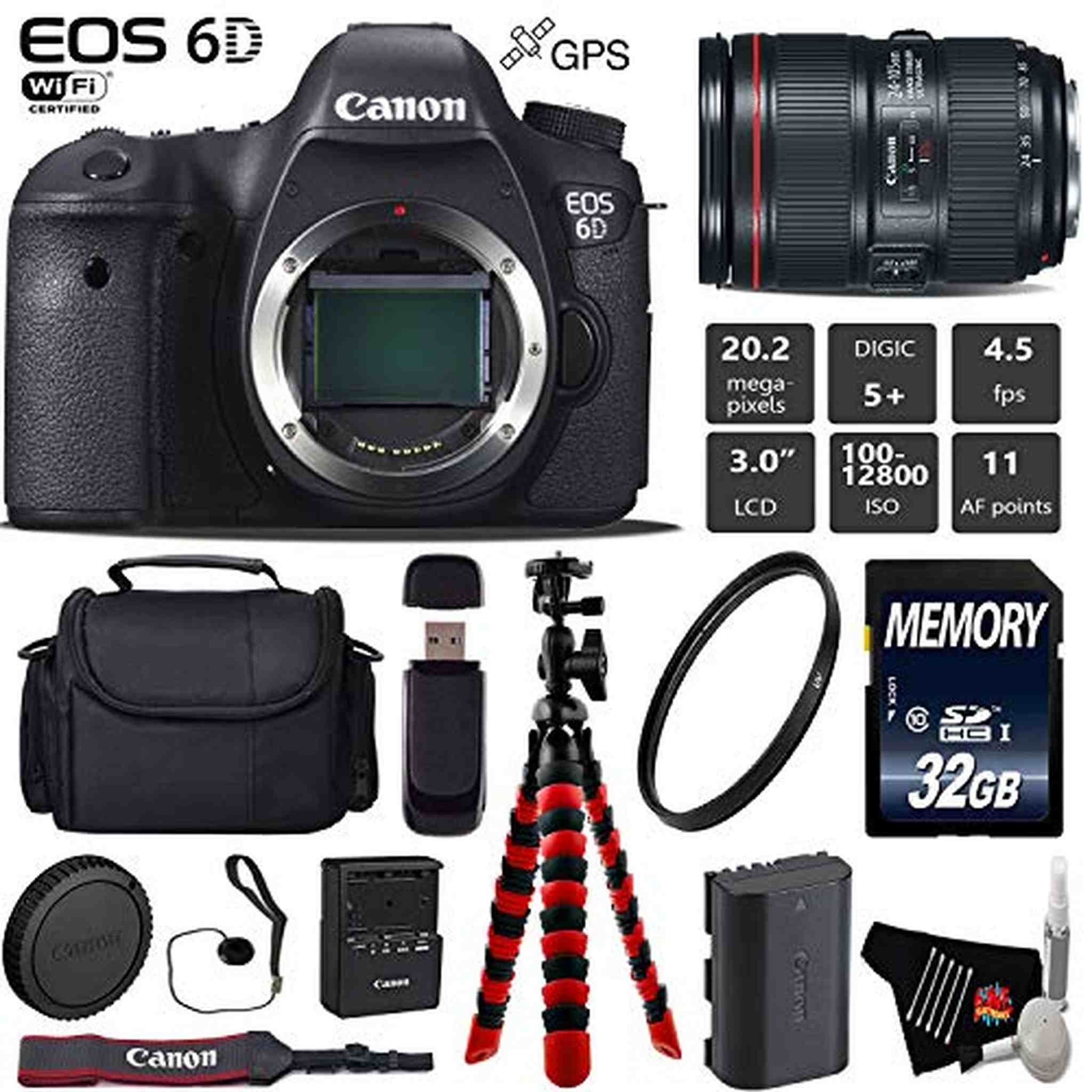 Canon EOS 6D DSLR Camera with 24-105mm f/4L II Lens + Wireless Remote + UV Protection Filter + Case + Wrist Strap + Trip