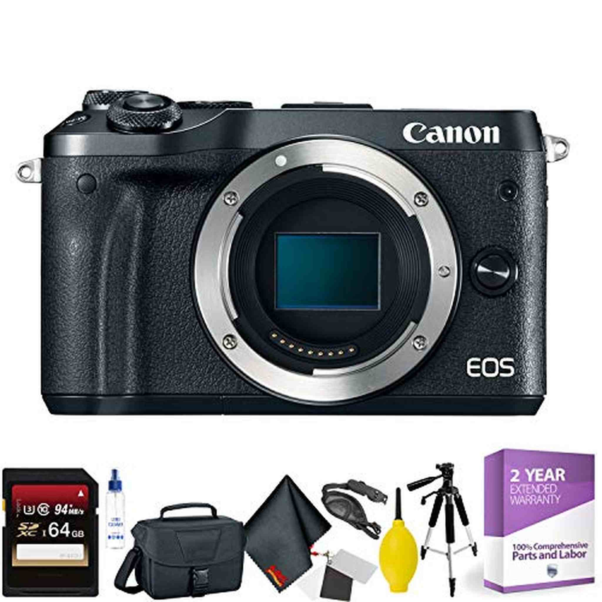 Canon EOS M6 Mirrorless Digital Camera Body Only, Black + 64GB Memory Card + Mega Accessory Kit + 1 Year Warranty Canon