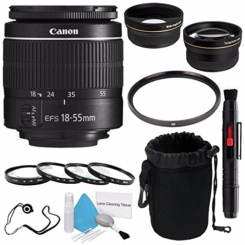 Canon EF-S 18-55mm f/3.5-5.6 III Lens (International Model) + 58mm Wide Angle Lenses + 58mm Macro Close Up Kit + 58mm UV Ultimate Bundle