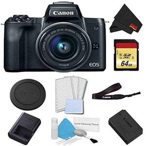 Canon EOS M50 Mirrorless Digital Camera with 15-45mm Lens Black Basic Bundle w/ 64GB Memory Card - International Model Canon