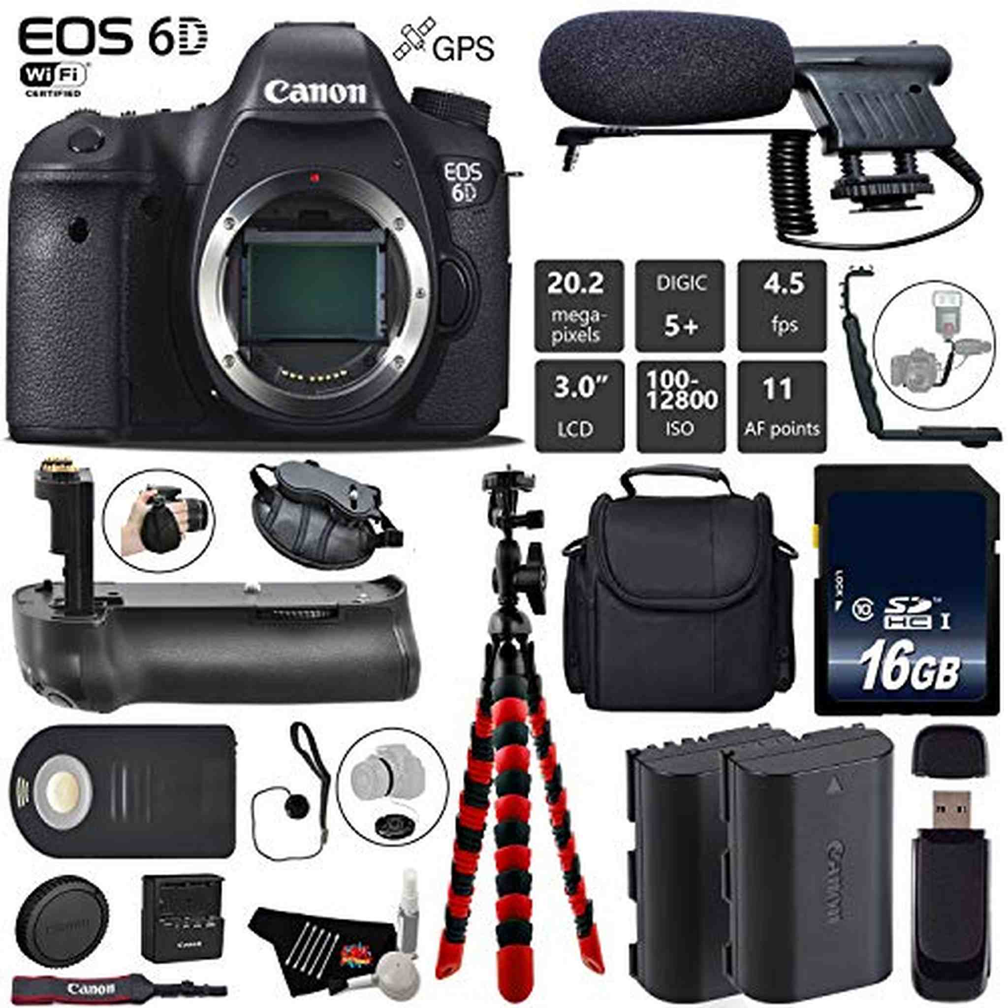 Canon EOS 6D DSLR Camera Body Only + Professional Battery Grip + Condenser Microphone + Extra Battery + Case + Wrist S Canon