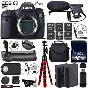 Canon EOS 6D DSLR Camera Body Only + Professional Battery Grip + Condenser Microphone + Extra Battery + Case + Wrist S Canon