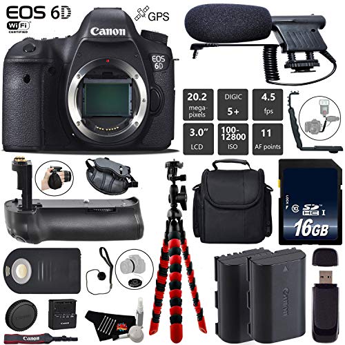 Canon EOS 6D DSLR Camera Body Only + Professional Battery Grip + Condenser Microphone + Extra Battery + Case + Wrist S