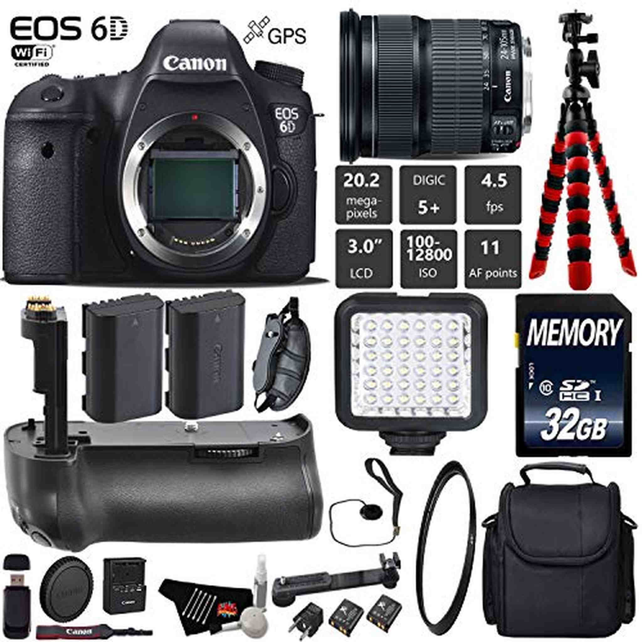 Canon EOS 6D DSLR Camera with 24-105mm is STM Lens + Professional Battery Grip + UV Protection Filter + LED Kit + Extra Canon