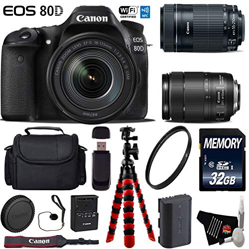 Canon EOS 80D DSLR Camera with 18-135mm is STM Lens & 55-250mm is STM Lens + Flexible Tripod + UV Protection Filter Deluxe Bundle