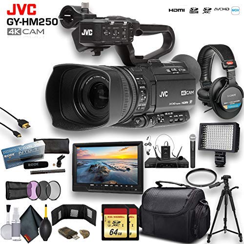 JVC GY-HM250 UHD 4K Streaming Camcorder W/ 2 X 64GB Memory Card, Tripod, Rode Mic, External Monitor, Sony Pro Headphones, Case, LED Light, and More Premium Bundle