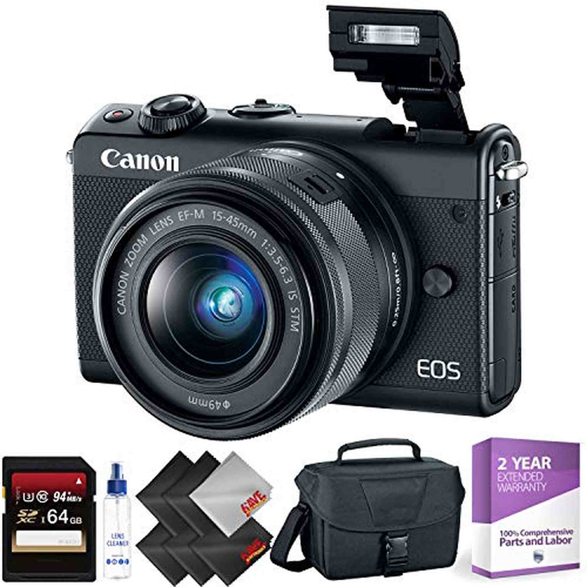 Canon EOS M100 Mirrorless Digital Camera with 15-45mm Lens Black + 64GB Memory Card + 2 Year Accidental Warranty