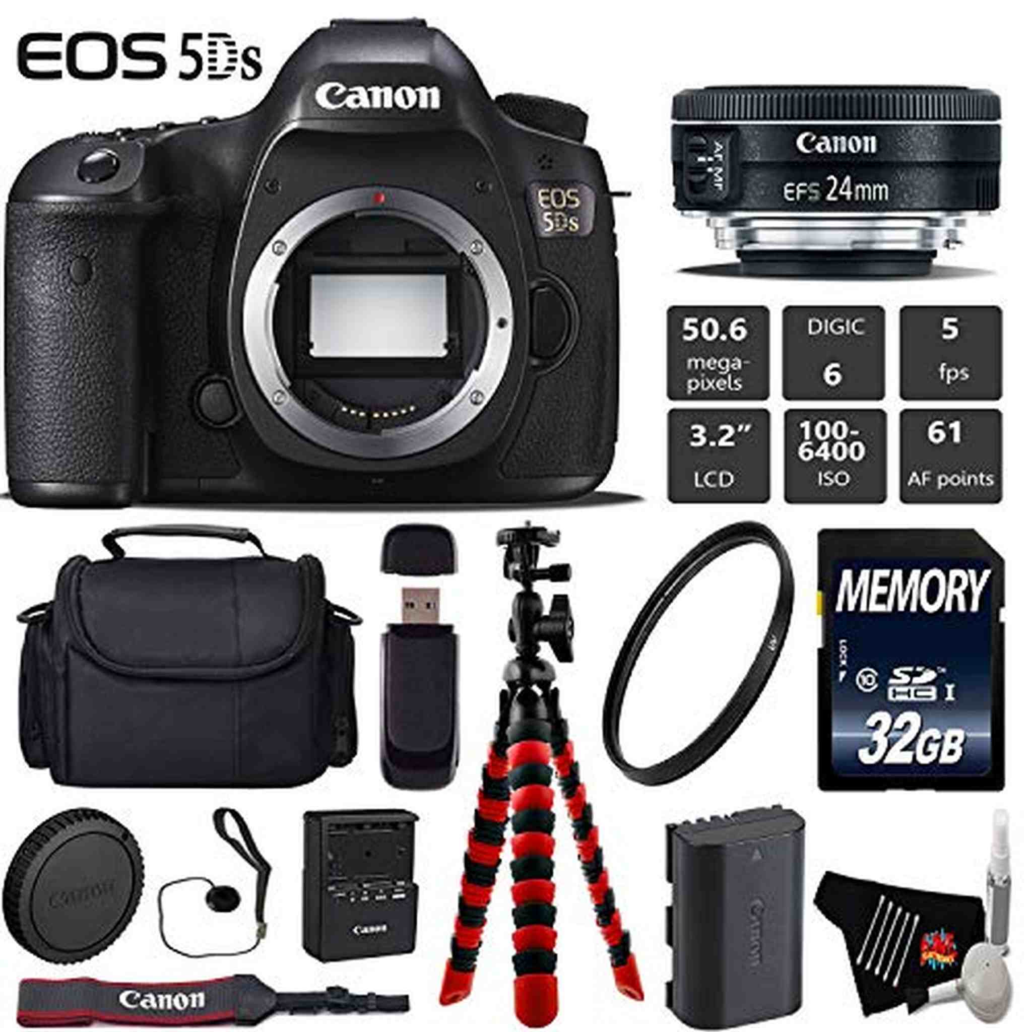 Canon EOS 5DS DSLR Camera with 24mm f/2.8 STM Lens + Wireless Remote + UV Protection Filter + Case + Wrist Strap Starter Bundle Canon