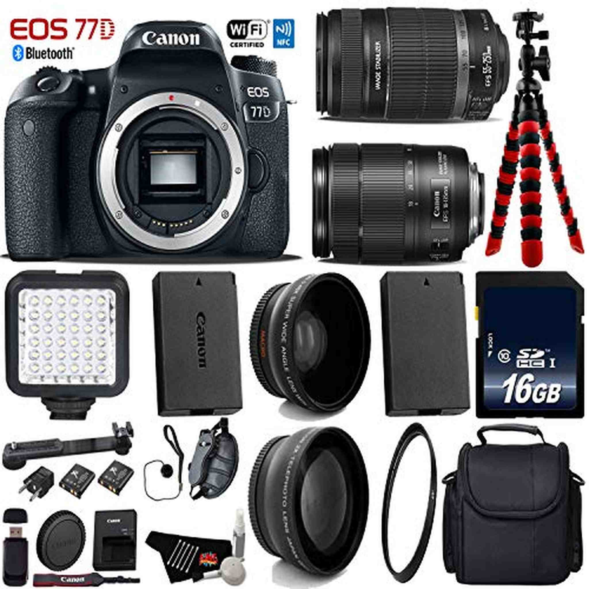 Canon EOS 77D DSLR Camera with 18-135mm is STM Lens & 55-250mm is II Lens + LED + UV FLD CPL Filter Kit + Wide Angle & T Canon